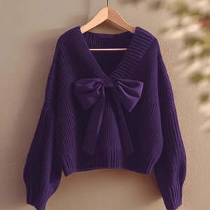 Maglione Corto da Donna con Scollo a V, Fiocco Grande Frontale, Maniche a Lanterna, Lavorazione a Nastro, Pullover in Maglia Rosso Vino, Maglione Festivo Invernale, Top, Vendita all'Ingrosso - Product Image 2