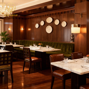 Table carrée vintage américaine en pierre frittée, chaise de café en cuir, banquette en velours avec structure en bois, mobilier de restaurant - Product Image 3