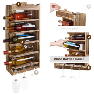 Estante de vino de madera para montar en la pared con almacenamiento para botellas y vasos, para bar en casa, cocina, decoración, estilo rústico - Product Image 5