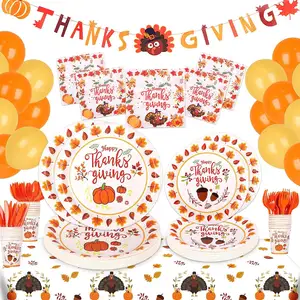 LUCKY Thanksgiving Day Turkey Paper Plates Party Supplies Paper Maple Leaf Tableware Set Cartoon Holiday Decorations