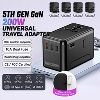 Adaptateur de voyage universel GaN 200W 3 ports Type-C 1 port USB-A Convertisseur de prise EU UK US AU pour 180 pays