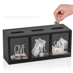Tirelire en bois pour enfants, rectangulaire, noir, blanc, marron, couleur unie, avec compartiments pour économies et pièces de monnaie - Product Image 5