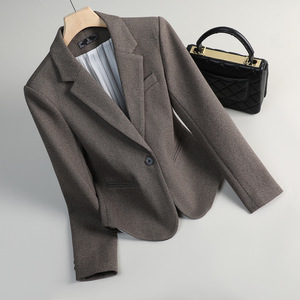 Women's Grey Plaid Suit Jacket Medium Thickness Polyester Worsted Professional Style Spring Autumn Short Top Petite Casual - Product Image 1