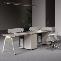 Ensemble de bureau moderne et minimaliste en bois en forme de L avec chaise de bureau pour employé, mobilier de bureau quatre places avec écran et tiroirs à prises intégrées