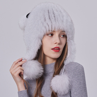 Bonnet d'hiver en fourrure de renard véritable pour femmes Bonnet en fourrure véritable avec oreilles d'ours Petit bonnet à pompon en fourrure avec oreillette