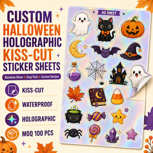 Feuilles d'autocollants holographiques personnalisés pour Halloween, découpés à la forme, imperméables, faciles à décoller, pour albums, journaux, bouteilles d'eau, fêtes - Product Image 6