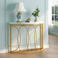 Magnifique Table Console Demi-Lune en Faux Marbre Blanc Doré 43 pouces pour Salon, Entrée ou Présentoir Antique