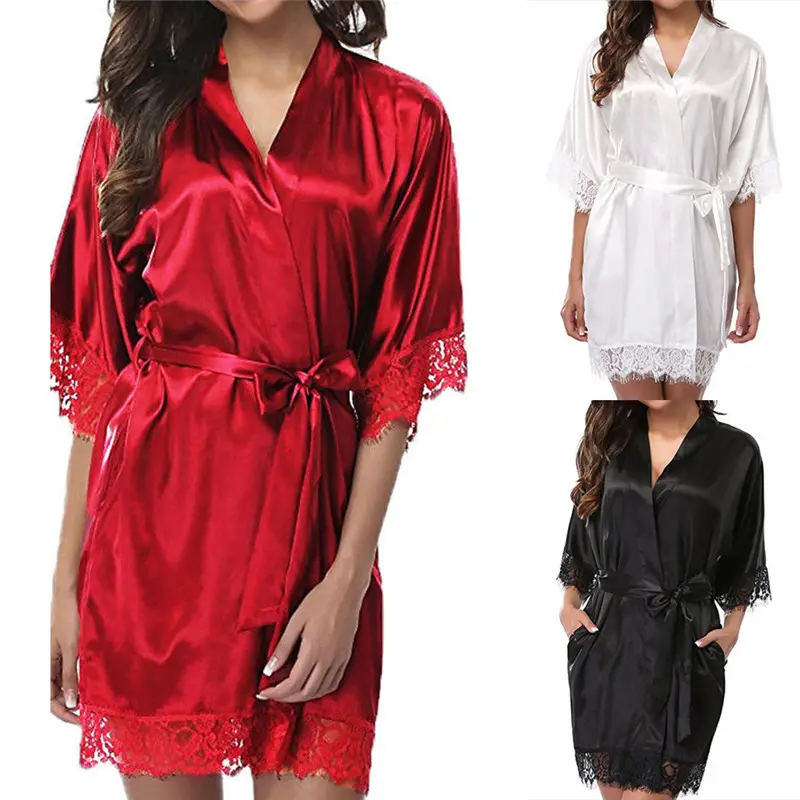 Wholesale Women's Satin Silk Woman Lace Robe Female Lace Bathrobe Robes Sleepwear Ladies Sexy Robe Plus Size 5XL