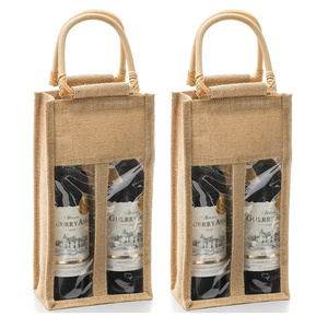 Bolsa de Yute Natural para Vino con Logotipo Personalizado, Porta Botellas Doble de Arpillera con Asa de Cuerda y Ventana Transparente - Product Image 4