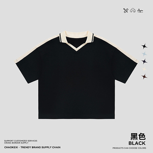 เสื้อโปโลวินเทจ 330 กรัม ผ้าลายวาฟเฟิล แต่งเทปตัดต่อ คอวี สไตล์ลำลอง มี 5 สี  ขั้นต่ำในการสั่งซื้อน้อย รับสั่งทำ - Product Image 3