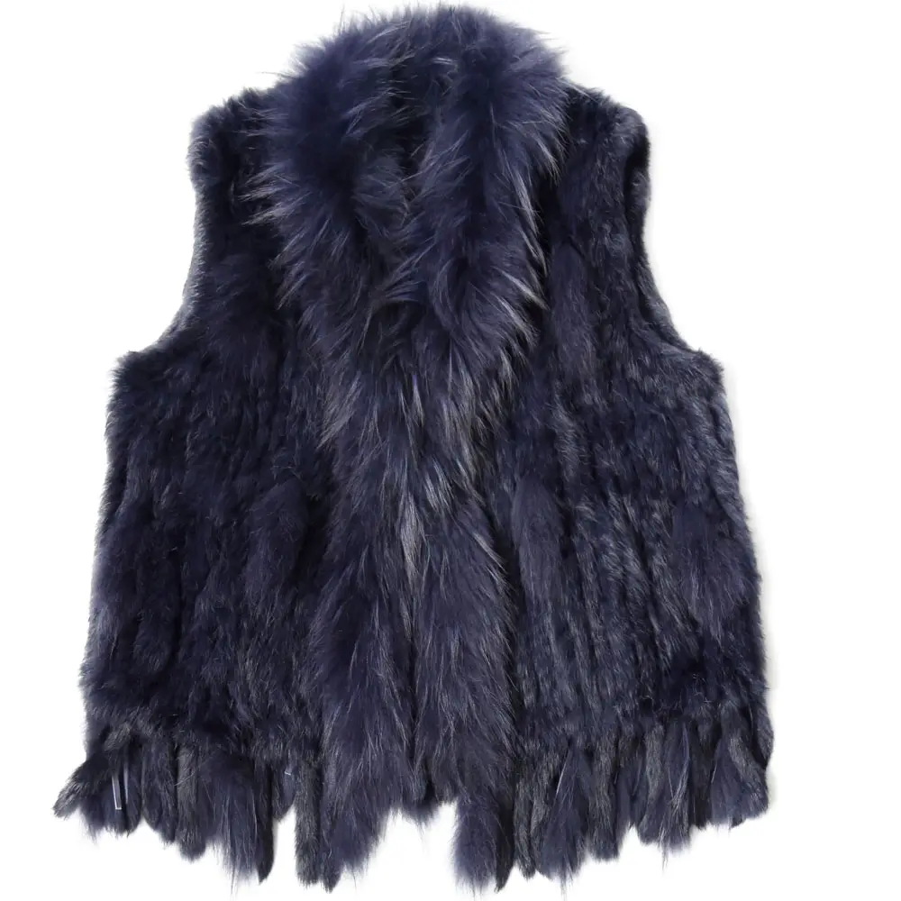 Hot Sell Elegant Design Raccoon Rabbit Fur Knit Sweater Fur Women Fur Vest With Tassel