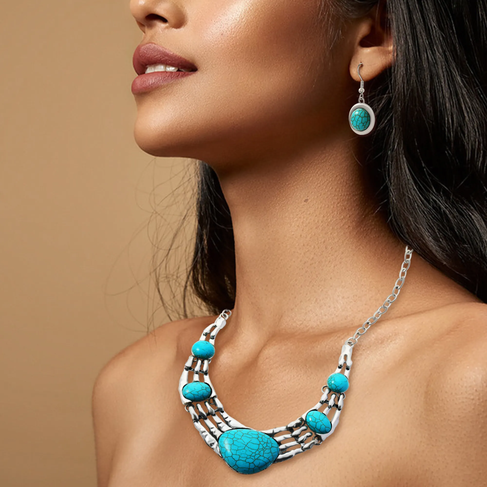 Boho Retro Turquoise Stones Chunky Statement Choker Skeleton Claw Necklace Halloween Jewelry Set For Women