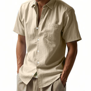Chemises décontractées à manches courtes en coton et lin pour hommes, style ou logo personnalisé, fabrication ODM, avec poche, pour l'été - Product Image 4