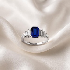 <b>Emerald</b> Cut Blue Sapphire <b>Ring</b> Minimalist Engagement <b>Ring</b> CZ Wedding <b>Ring</b> Handmade 925 Sterling <b>Silver</b> with 18K Gold Filled - Product Image 6