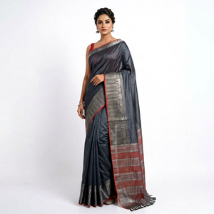 Grey Silk <b>Saree</b> <b>Red</b> Border Silver Zari Work for Women Traditional Wedding Wear Floor-Length Regular Fit Bollywood Style All - Product Image 1