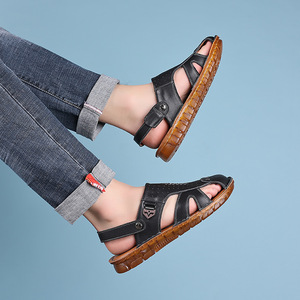 Men Genuine Leather T-Strap <b>Sandals</b> <b>Closed</b> <b>Toe</b> Oxford Outsole Breathable Casual Beach Shoes - Product Image 4
