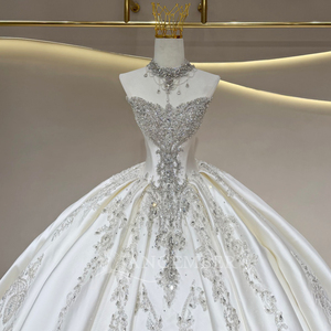 JFH132 Modern Princess Sweetheart Lace Satin Rhinestone Flowers Crystal Appliques Strapless Ball Gown Chapel <b>Train</b> Wedding <b>Dress</b> - Product Image 5