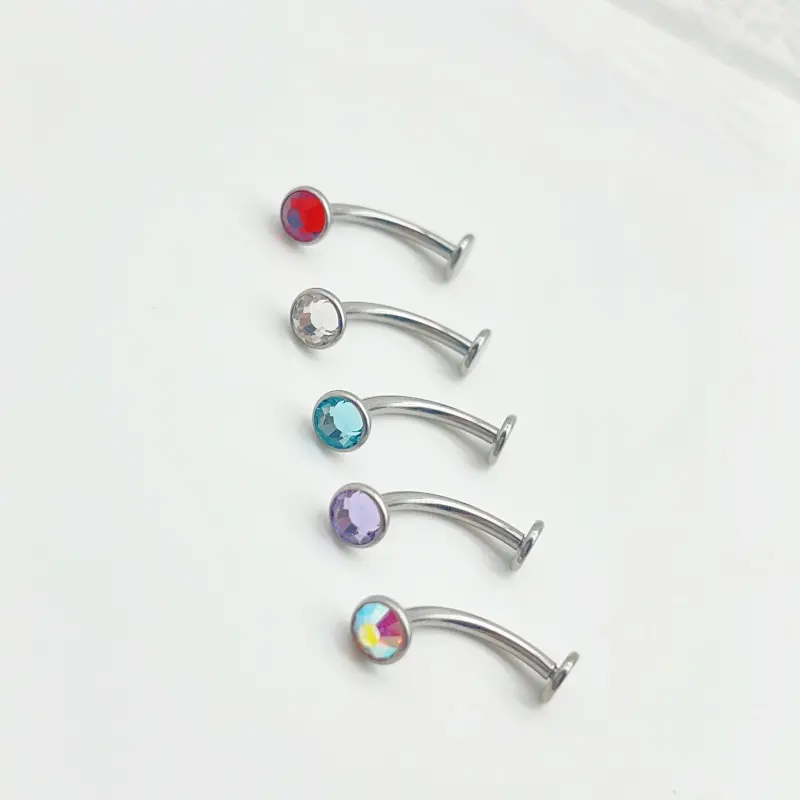 G23 F136 Titanium Belly Piercing Curved Barbell Flat Base Threadless Floating Navel With Gem