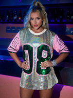 T-shirt à sequins pour femme, col rond, décontracté et sexy, idéal pour les spectacles sur scène ou comme tenue de sororité