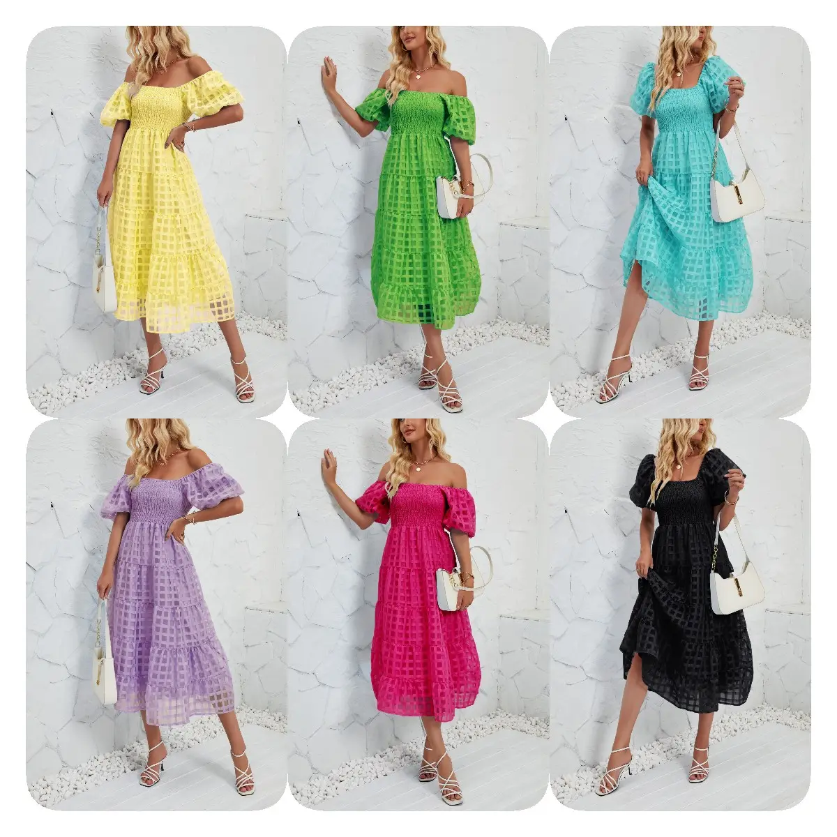Amazon cross-border summer long dress bubble short sleeves flowing layered beach A-line skirt with lining cloth women