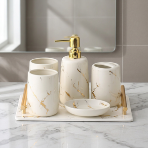 Juego de <span class=keywords><strong>baño</strong></span> de cerámica blanca moderna de mármol dorado, decoración de <span class=keywords><strong>baño</strong></span> personalizable de gres - Product Image 1