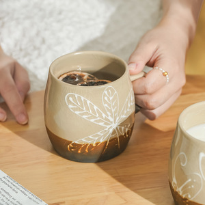 Japanese Style Rough <b>Ceramic</b> Coffee Mug Leaf Pattern Matte Finish Retro Design For Everyday Use - Product Image 1