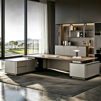 Bureau de direction moderne de luxe pour PDG, grand bureau en forme de L en bois avec éclairage LED et armoire de rangement