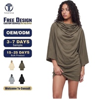 Robe d'été moulante pour femme en coton/élasthanne, à manches trois-quarts, avec ourlet droit et design cintré à la taille