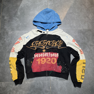 신성 제조업체 의류 맞춤형 컬러 블록 패치워크 디스트레스드 그래픽 프린트 라인스톤 지퍼업 후드 재킷 (남성용) - Product Image 1