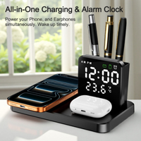 3-in-1 draadloos oplaadstation voor iPhone 17/17 Air 16 15 14 13 12 11 voor Airpods met wekker, temperatuurmeter & penhouder