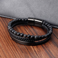 Pulsera de Cuero con Piedra Volcánica Natural para Hombre, Brazalete de Cuero Trenzado Multicapa Rojo y Amarillo, Joyería Masculina Magnética de Acero Inoxidable