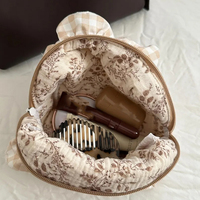 Sac de maquillage en tissu de coton à motifs floraux beige et marron pour femme, avec fermeture éclair, design mignon, vente en gros