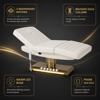 Lit de beauté électrique à 3 moteurs, colonne dorée brossée, base lumineuse LED chaude, trou pour le visage, pour thérapie, salon, spa, microblading, clinique