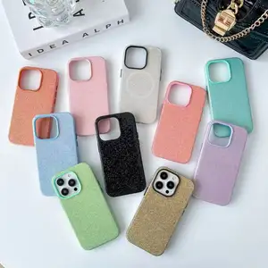 Casing ponsel bahan kulit untuk Funda Iphone 15, casing ponsel bahan kulit pengisian daya cepat, casing Bling Bling warna berkilau untuk ponsel Funda Iphone 15