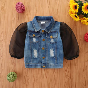 Chaqueta de niña con solapa y manga abullonada de malla, estilo farol, de mezclilla rasgada, con botonadura sencilla, para primavera y otoño 2022, moda infantil. - Product Image 2