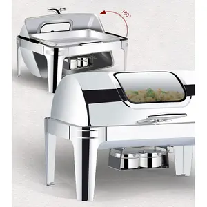 Best Quality Rectangle Restaurant Serving Metal Buffet Full Size Stainless Steel Roll Top Chafing Dish