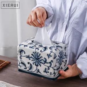 Caixa de papel cerâmica de pés de luxo alta, criativo, caixa de papel para decoração da casa, chinoiserie, antiguidade, azul e branco, enfeites de porcelana