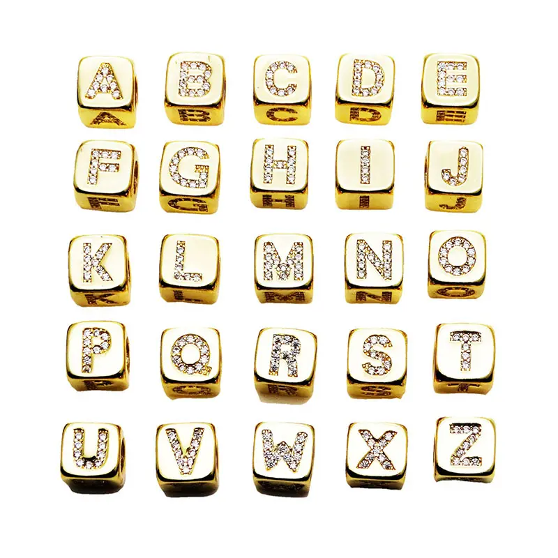 DIY Kupfer 14 Karat vergoldet Zirkonia Alphabet quadratische Perlen 6mm 9mm Buchstaben Würfel Perlen für Armband Halskette