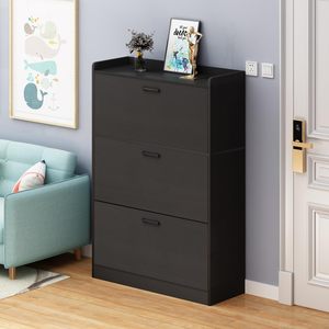 Meuble de rangement à chaussures en bois noir multicouche ultra-mince et haut, avec 3 portes coulissantes et palette en bambou - Product Image 4