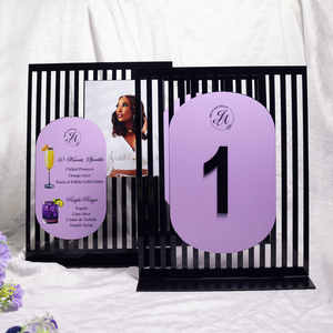 Elegantes tarjetas de menú de boda acrílicas con marco de rayas negras, Sección de recetas de bebidas ovaladas moradas y exhibición de fotos - Product Image 6