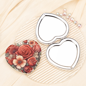 Miroir de poche compact en cuir PU imprimé floral rose rouge vintage, cadre chromé argenté, double face, verre HD, vente en gros - Product Image 6