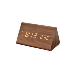 Office Gifts Wood Desk Charging , Clock LED Digital SoundCalendar Table Clock Pen Holder Wood Digital Alarm Clock/