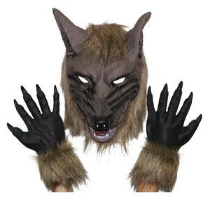 Masque de loup-garou avec logo personnalisé Masque Cosplay pour la fête d'Halloween Masque tête de loup poilu et griffes de loup