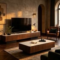 Ensemble meuble TV et table basse rétro en pierre frittée, avec tiroirs de rangement à grain de bois, pour salon, mobilier de maison, vente en gros