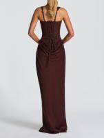 Robe longue de soirée chic pour femme, col carré, bretelles ajustables, dos nu, sexy, avec ourlet superposé plissé et effet enveloppant sur les hanches