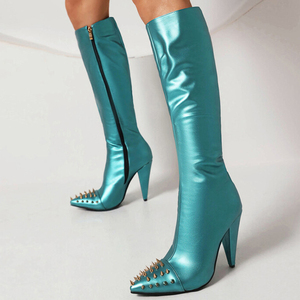 Large Size 47 Women High Spike Heels Long Booties Side Zipper Metal Rivets Knee High <b>Boots</b> Solid Wide Fit Shoes - Product Image 1