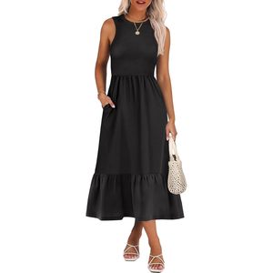 FOXA Women Midi Dress High Neck Sleeveless Knitted A-Line Casual Beach Dress With Pockets Breathable Summer Wear - Product Image 1