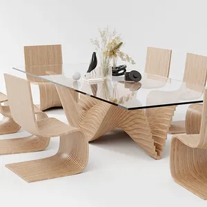 Organic handmade modern interiors home studio restaurant bar wood natural color parametric special design S shape dining tables