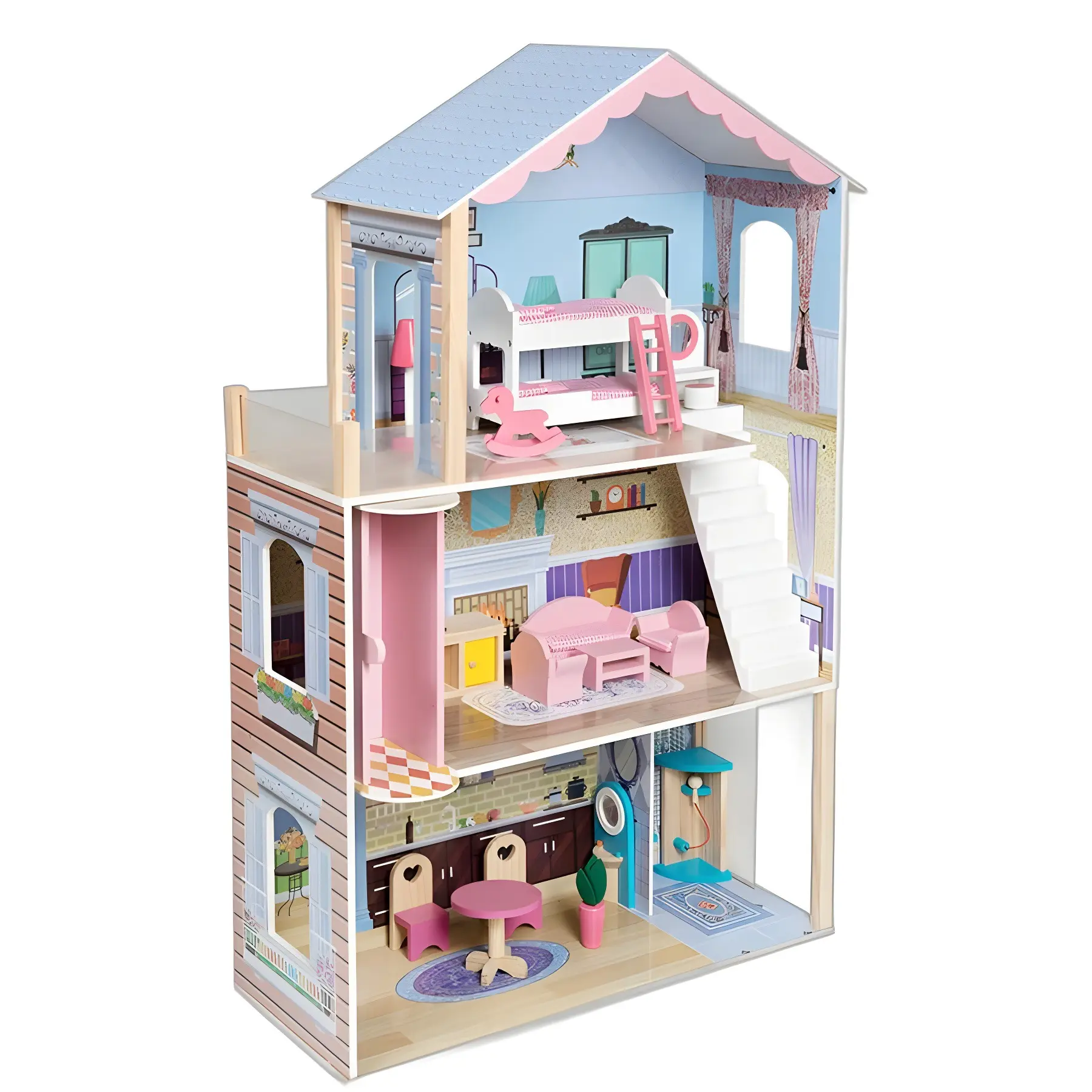 Casa de bonecas em madeira rosa para crianças, conjunto educativo de brincar, brinquedo de presente para meninos e meninas, novidade em 2024