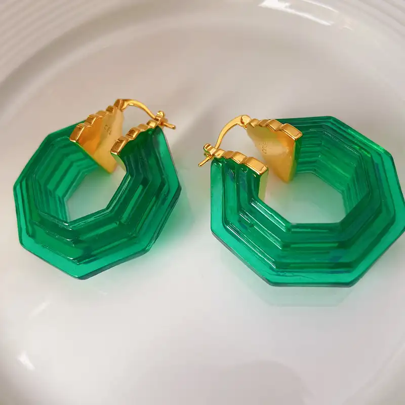 Earrings Hoop Wholesale Custom Fashionable Jewelry Retro Brass Earrings Green/blue Resin Hoop Earrings For Women's
